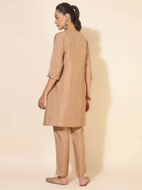 Beige Crepe Embrodiery Jacket Style Kurta with Pant and Jacket