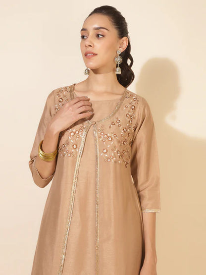 Beige Crepe Embrodiery Jacket Style Kurta with Pant and Jacket