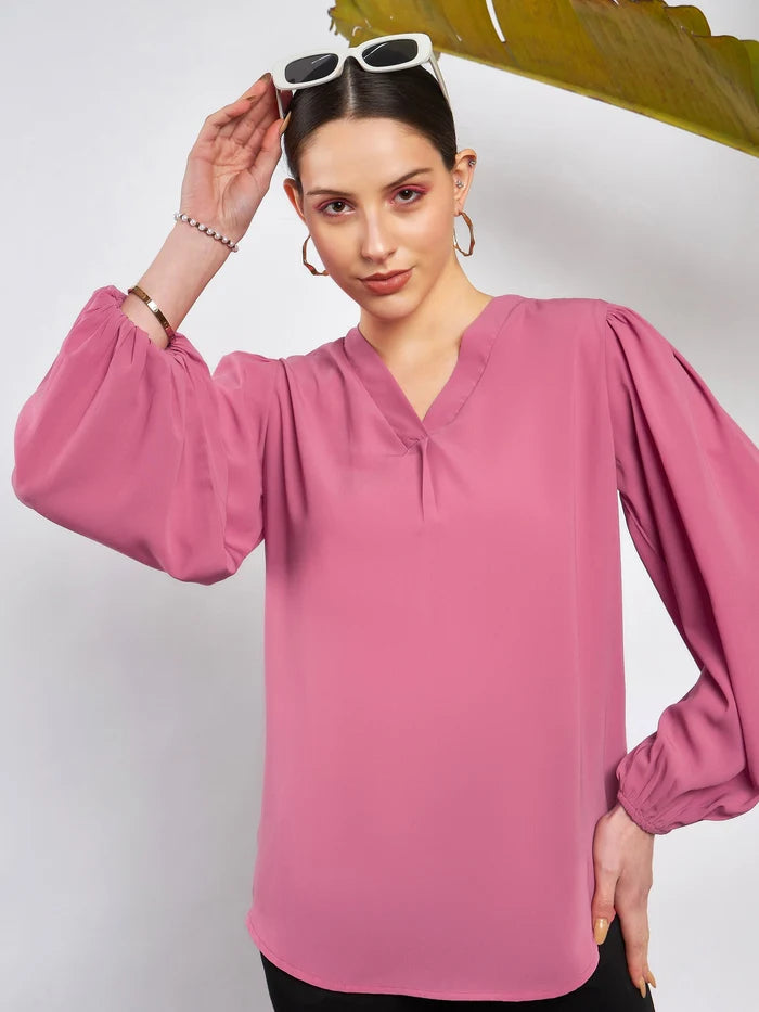 Women Pink Puff Sleeves V-Neck Blouse