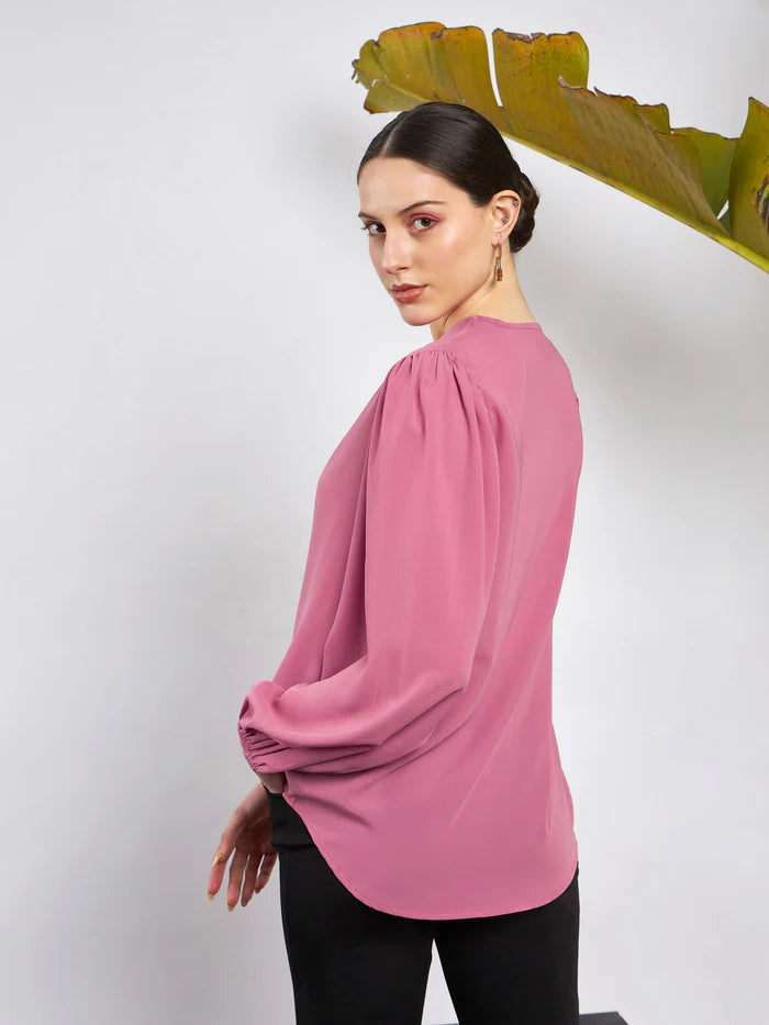 Women Pink Puff Sleeves V-Neck Blouse