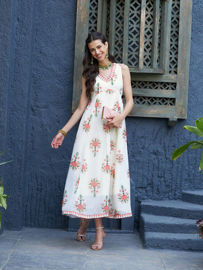 Women Off White Floral Slant Empire Seam Maxi Dress