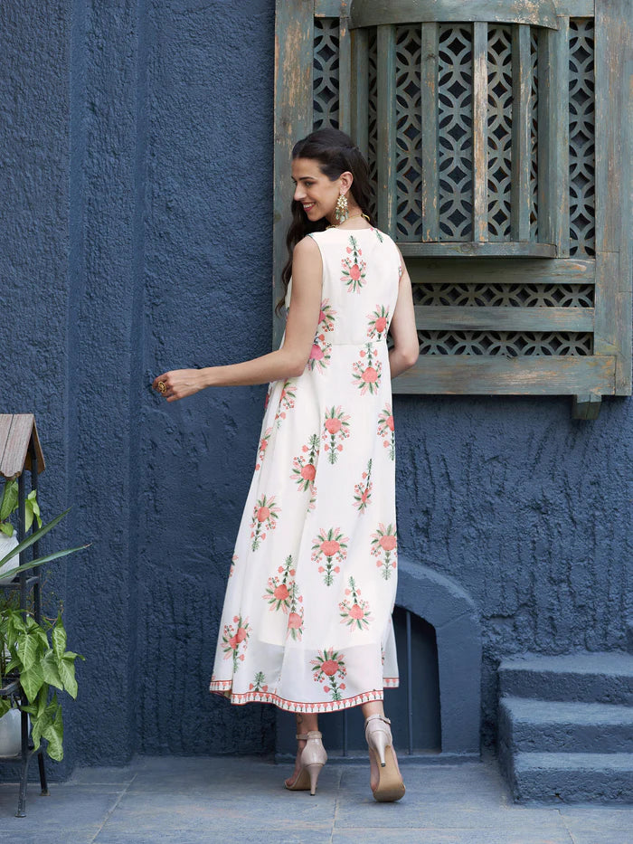 Women Off White Floral Slant Empire Seam Maxi Dress