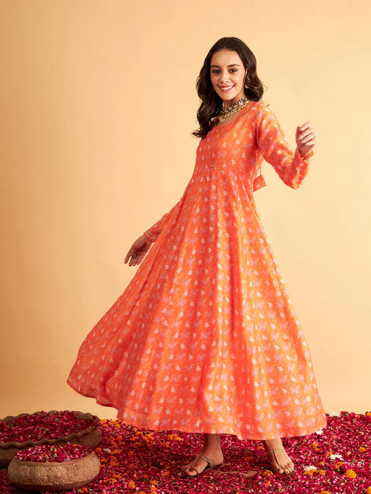 Women Orange Floral Round Neck Anarkali Maxi Dress