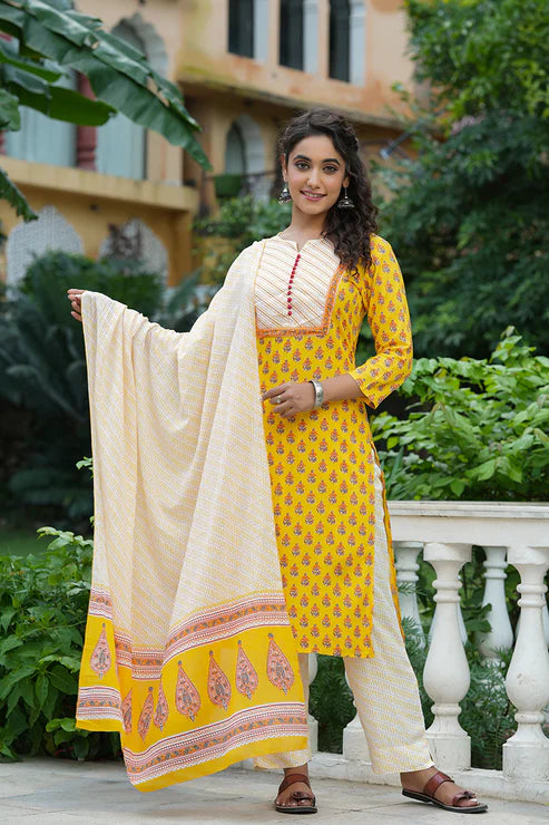 Yellow Rayon Blend Straight Suit Set