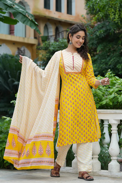 Yellow Rayon Blend Straight Suit Set