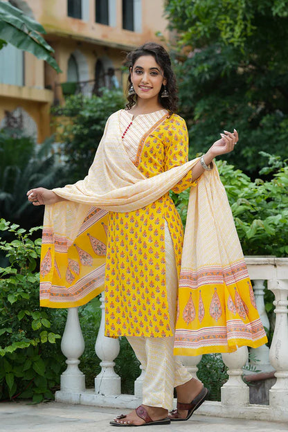 Yellow Rayon Blend Straight Suit Set