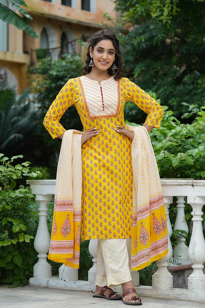 Yellow Rayon Blend Straight Suit Set