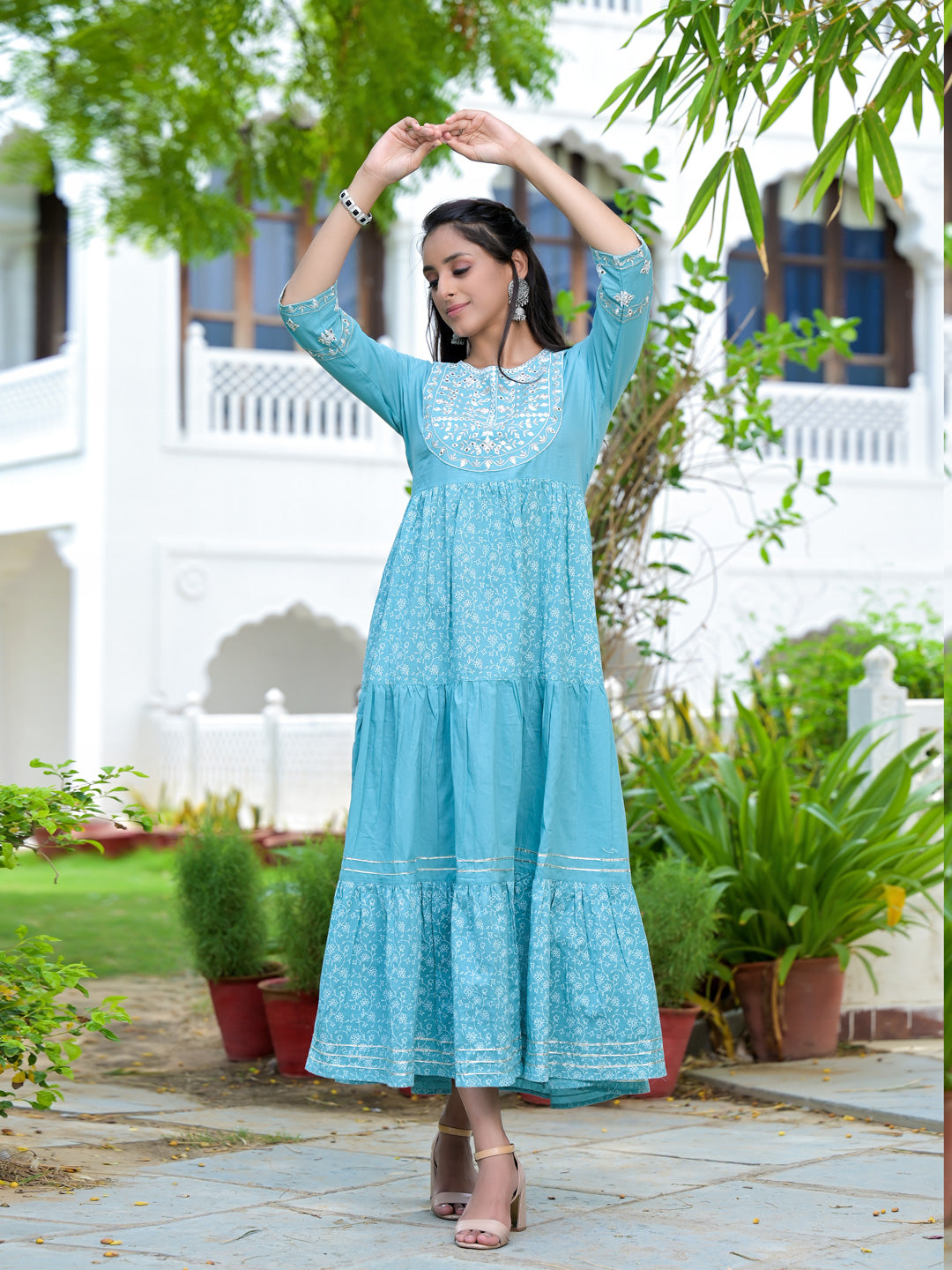 Sage Blue Cotton Dress-Yufta Store-2198DRSSBM