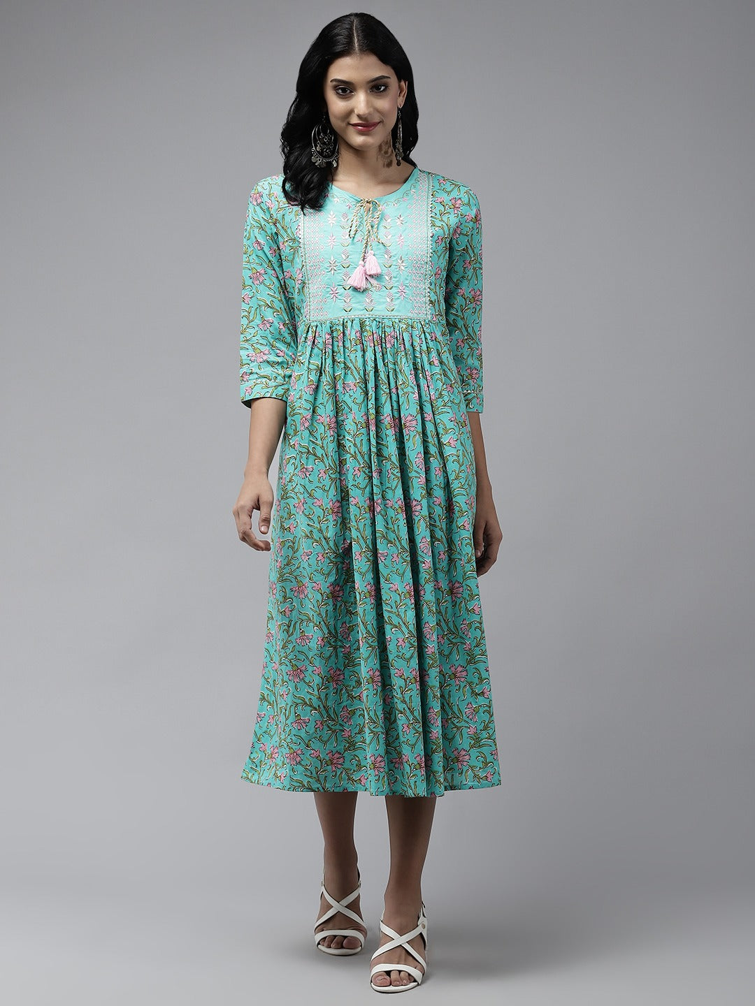 Sea Green Embroidered Midi Dress-Yufta Store-5212DRSSGS