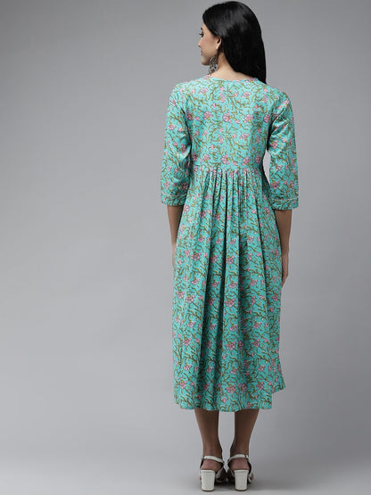 Sea Green Embroidered Midi Dress-Yufta Store-5212DRSSGS