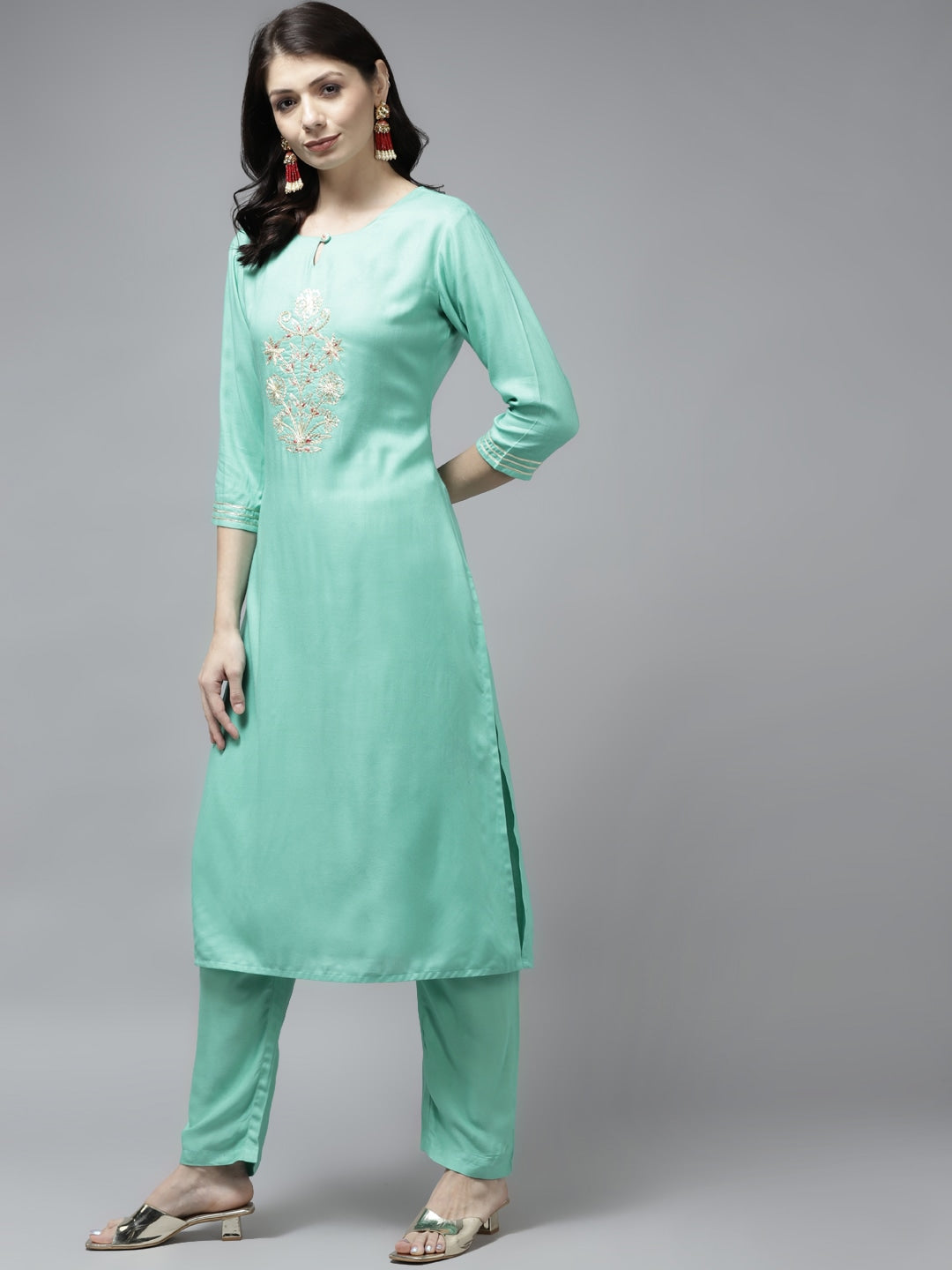 Sea Green Ethnic Motifs Gotta Patti Dupatta Set-Yufta Store-9704SKDSGS