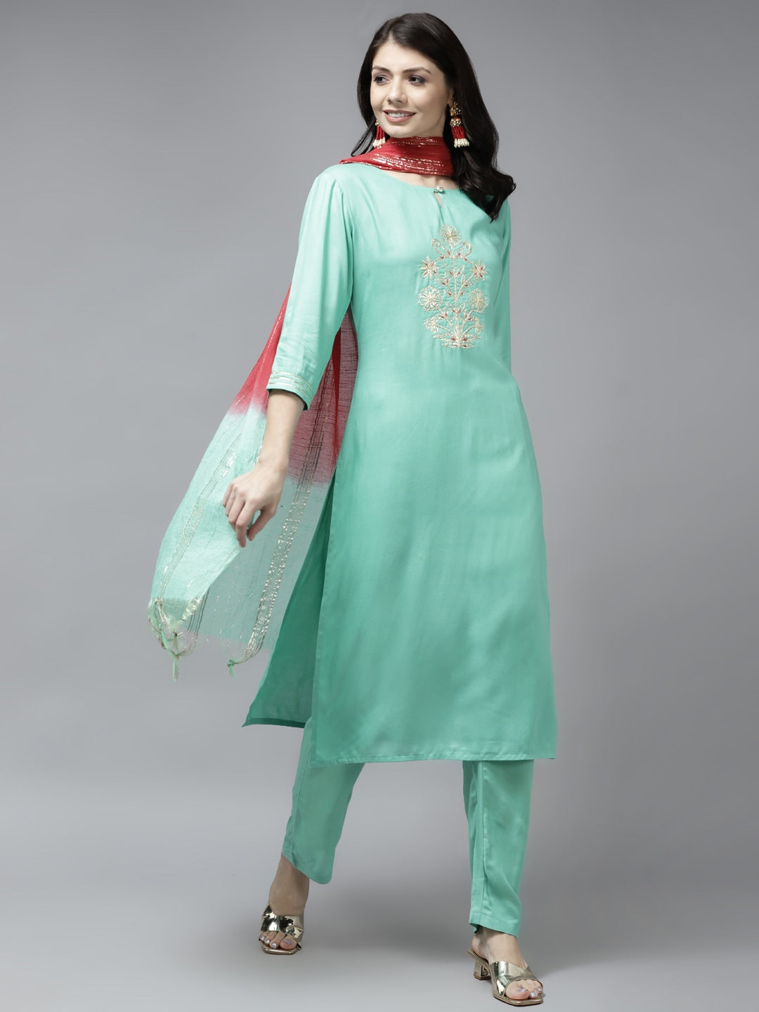 Sea Green Ethnic Motifs Gotta Patti Dupatta Set-Yufta Store-9704SKDSGS