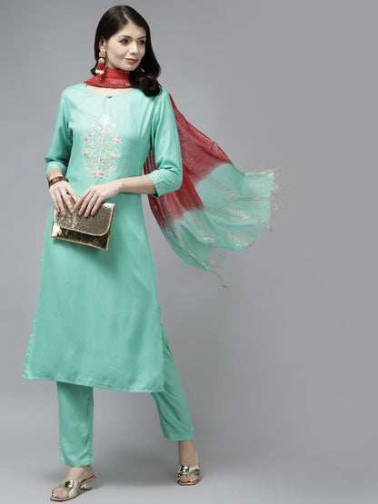 Sea Green Ethnic Motifs Gotta Patti Dupatta Set-Yufta Store-9704SKDSGS