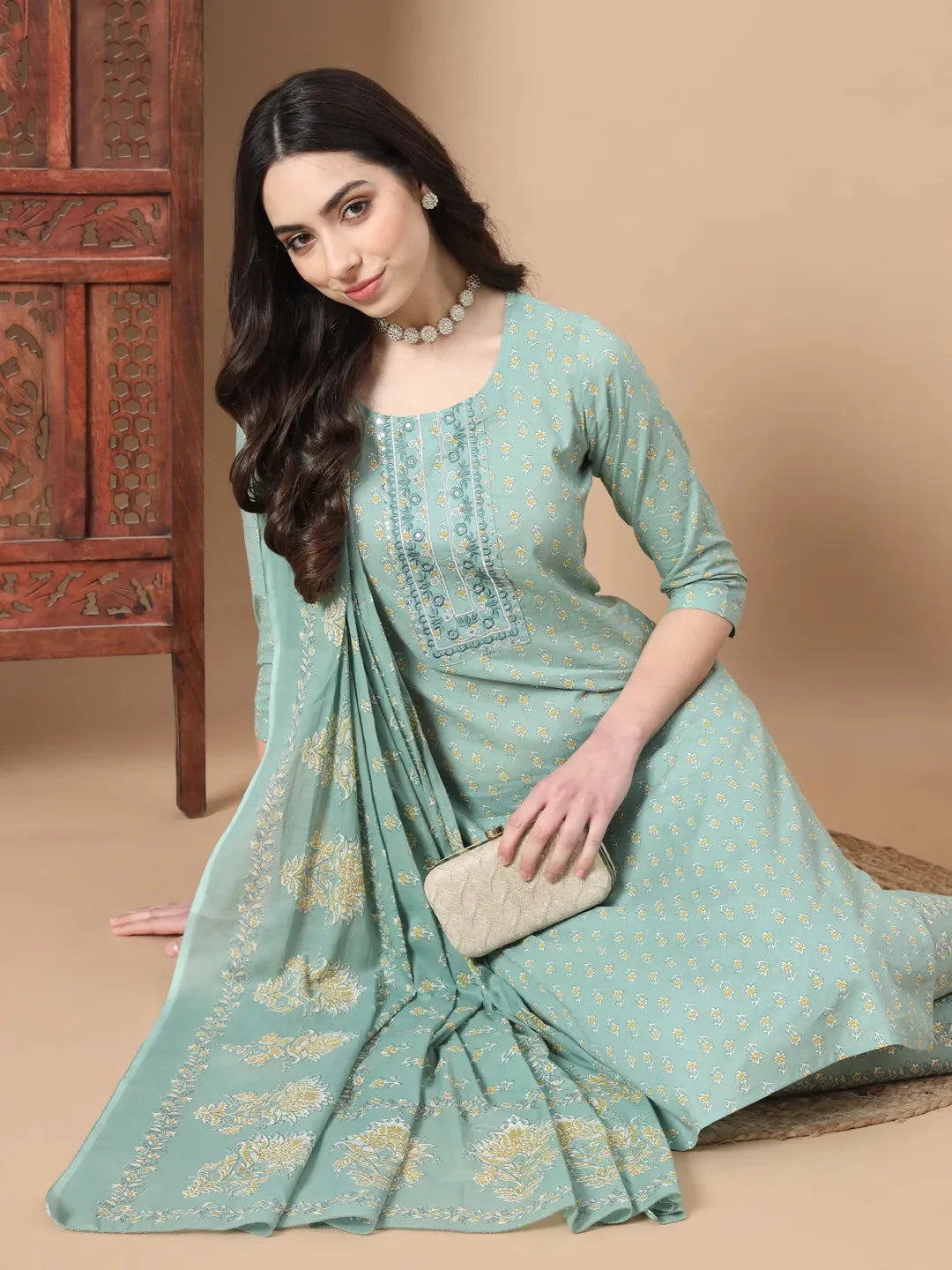 Sea Green Ethnic Motifs,Thread_Work Straight Kurta Trouser And Dupatta Set-Yufta Store-6812SKDSGS