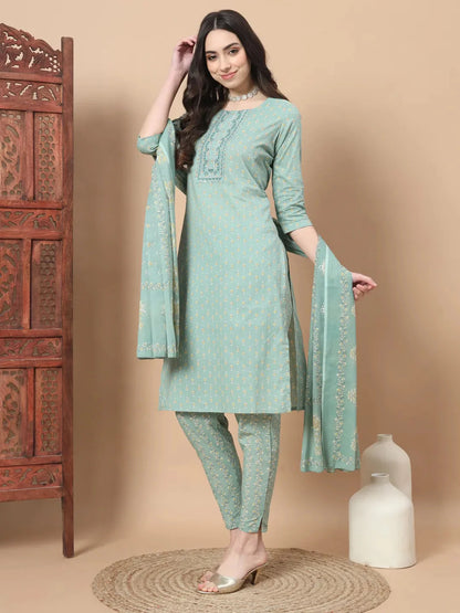 Sea Green Ethnic Motifs,Thread_Work Straight Kurta Trouser And Dupatta Set-Yufta Store-6812SKDSGS