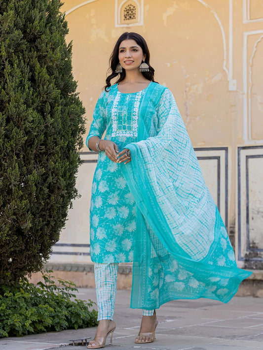 Sea Green Floral Print Straight Kurta Trouser And Dupatta Set-Yufta Store-6874SKDSGS