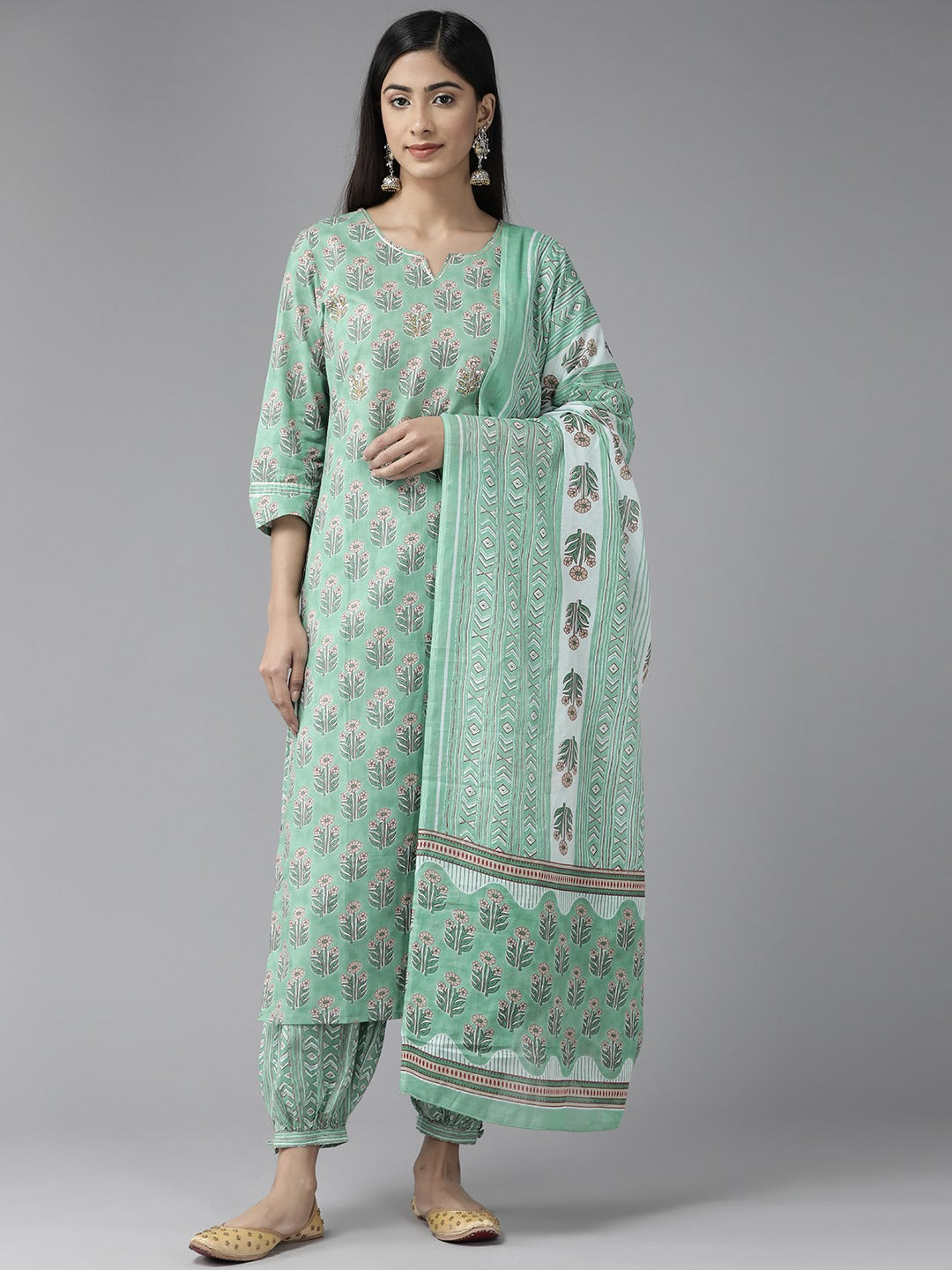 Sea Green Floral Printed Dupatta Set-Yufta Store-1117SKDSGS