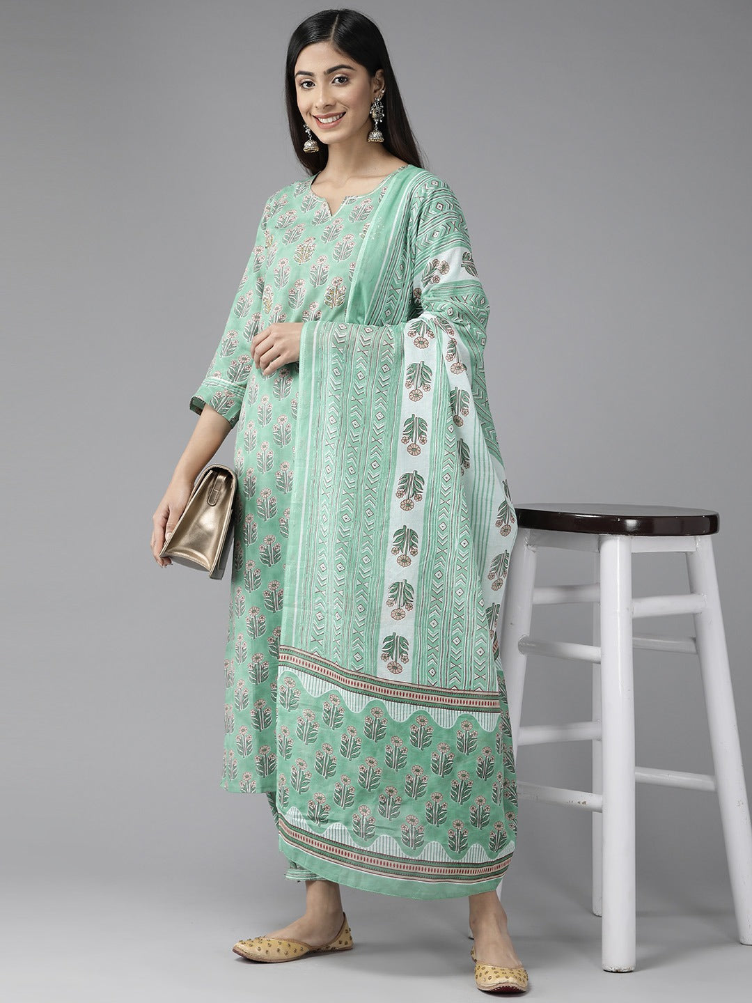 Sea Green Floral Printed Dupatta Set-Yufta Store-1117SKDSGS