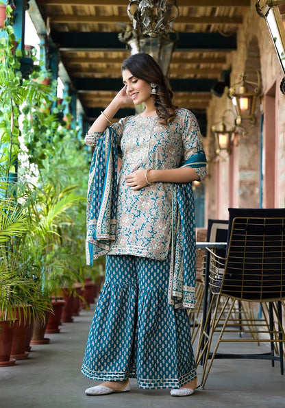 Sea Green Floral Sequins_Work Kurta Sharara With Dupatta Set-Yufta Store-1785SKDSGS