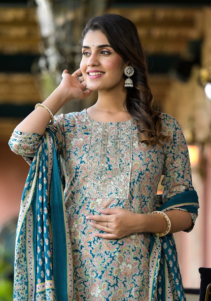 Sea Green Floral Sequins_Work Kurta Sharara With Dupatta Set-Yufta Store-1785SKDSGS