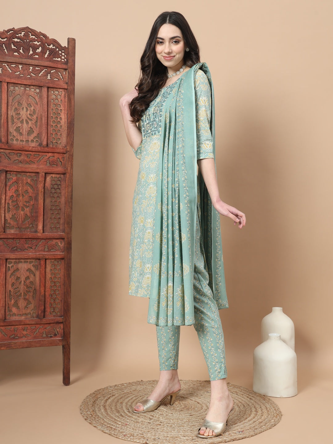 Sea Green Printed Cotton Kurta Dupatta Set-Yufta Store-6813SKDSGS