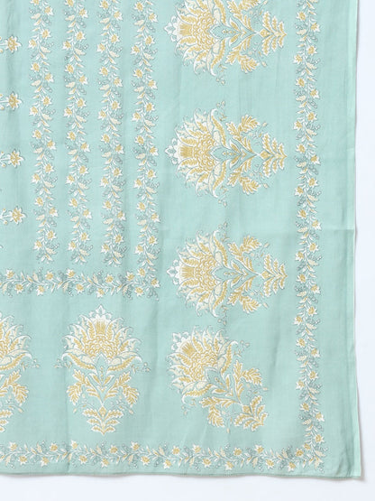 Sea Green Printed Cotton Kurta Dupatta Set-Yufta Store-6813SKDSGS