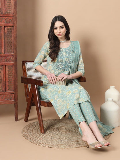 Sea Green Printed Cotton Kurta Dupatta Set-Yufta Store-6813SKDSGS