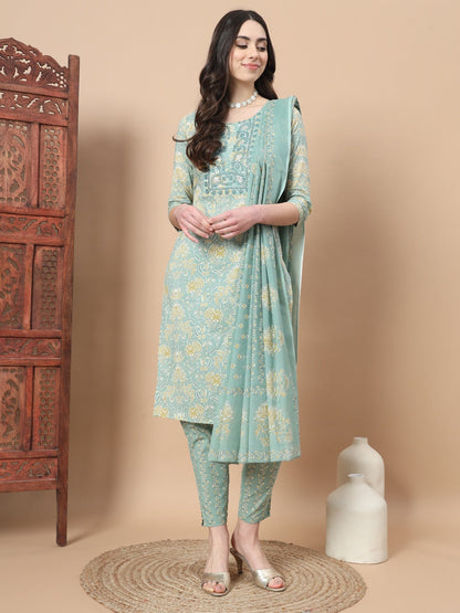 Sea Green Printed Cotton Kurta Dupatta Set-Yufta Store-6813SKDSGS