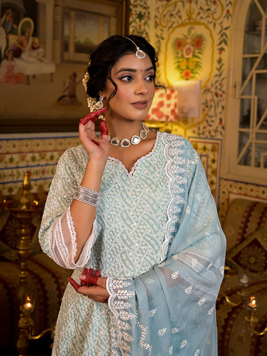 Sea Green Pure Cotton Sequins Work Anarkali Kurta Trouser With Dupatta Set-Yufta Store-1553SKDSGS