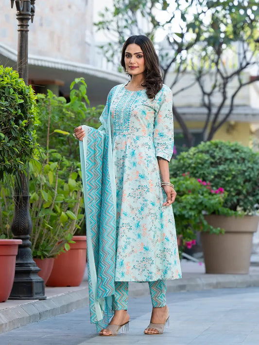 Sea Green Sequins_Work Anarkali Kurta Trouser And Dupatta Set-Yufta Store-6910SKDSGS