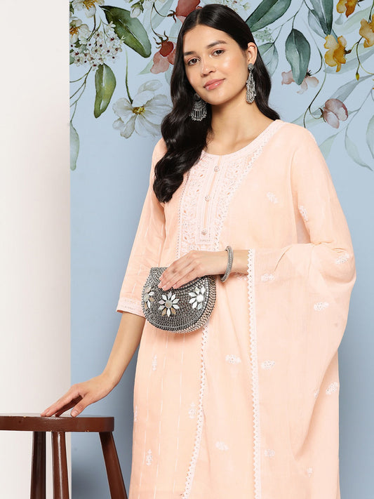 Sequinned Cotton Kurta Dupatta Set-Yufta Store-1261SKDPCS