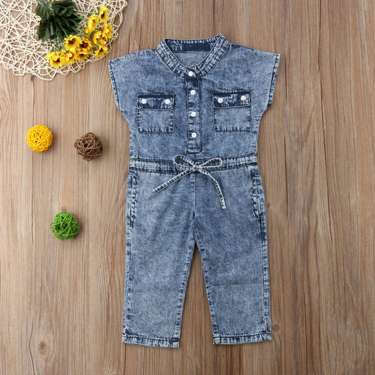 Short-Sleeved Girls Denim Jumpsuit For Kids In Summer Fashion Romper Orchids Boutique