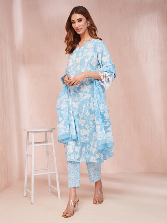 Sky Blue And White Floral Print Lese Sleeves V-Neck Straight Kurta Trouser Set-Yufta Store-6862SKDSBS