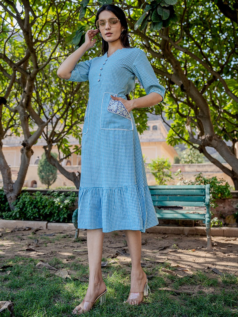 Sky Blue Check Tiered Dress-Yufta Store-1804DRSSBS