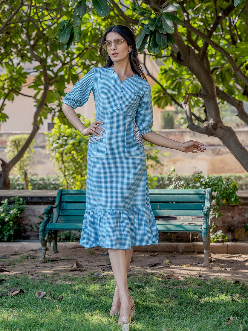 Sky Blue Check Tiered Dress-Yufta Store-1804DRSSBS