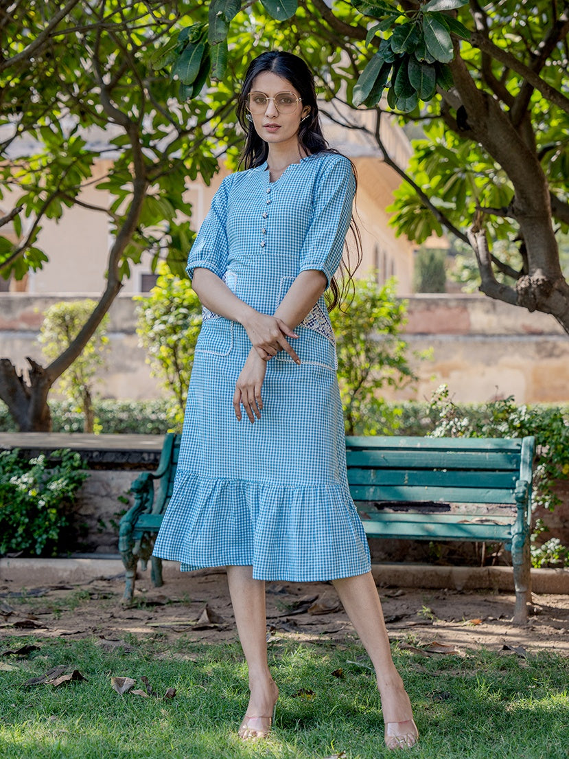 Sky Blue Check Tiered Dress-Yufta Store-1804DRSSBS