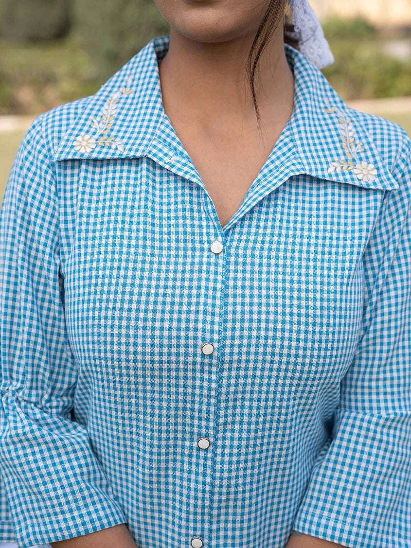 Sky Blue Cotton Checks Printed Embroidery Top-Yufta Store-1499TOPSBS