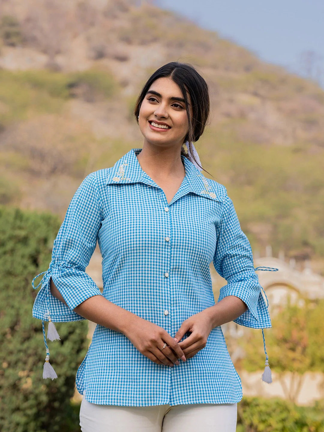 Sky Blue Cotton Checks Printed Embroidery Top-Yufta Store-1499TOPSBS