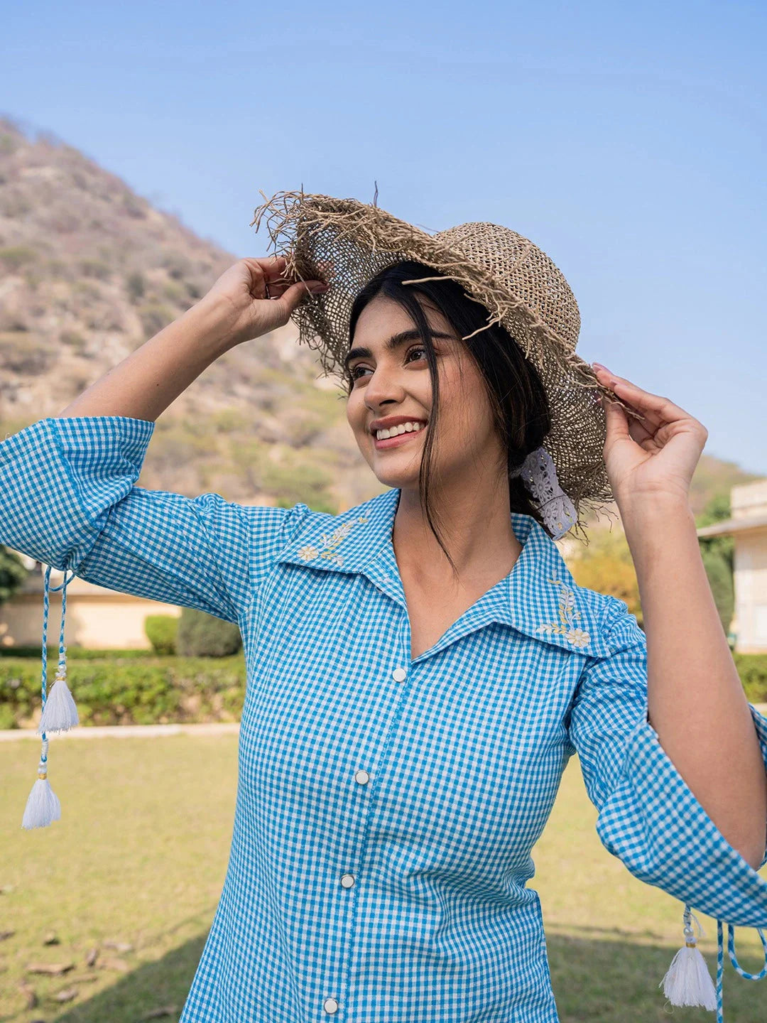 Sky Blue Cotton Checks Printed Embroidery Top-Yufta Store-1499TOPSBS