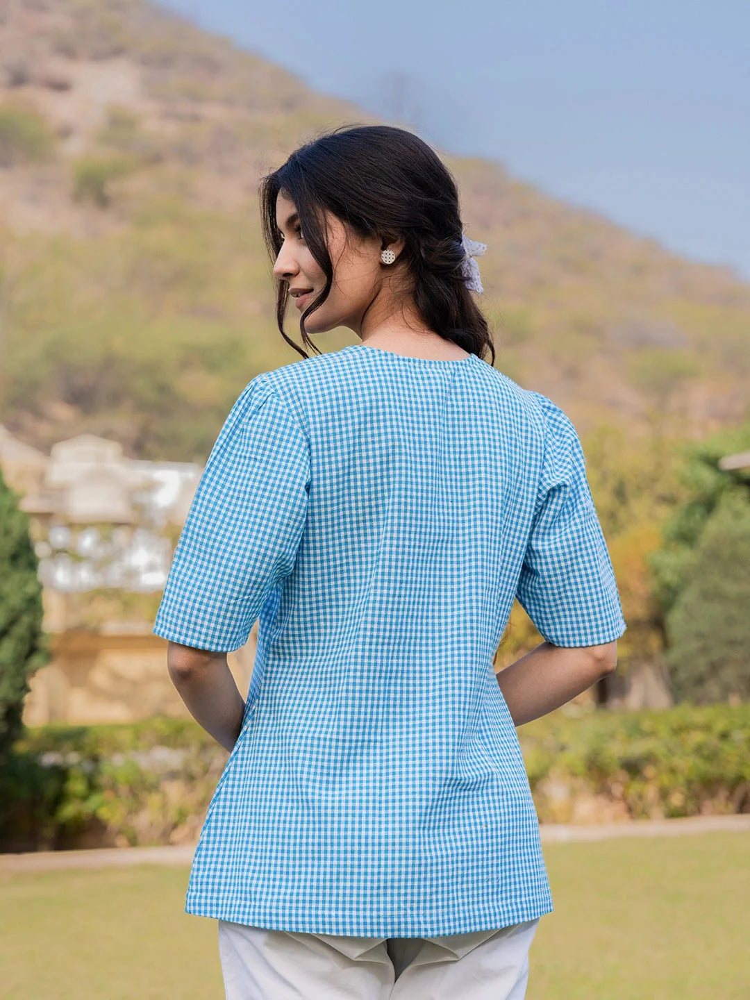 Sky Blue Cotton Checks Printed Top-Yufta Store-1500TOPSBS