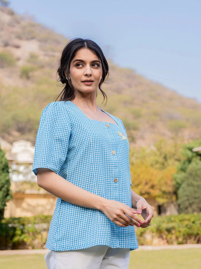 Sky Blue Cotton Checks Printed Top-Yufta Store-1500TOPSBS