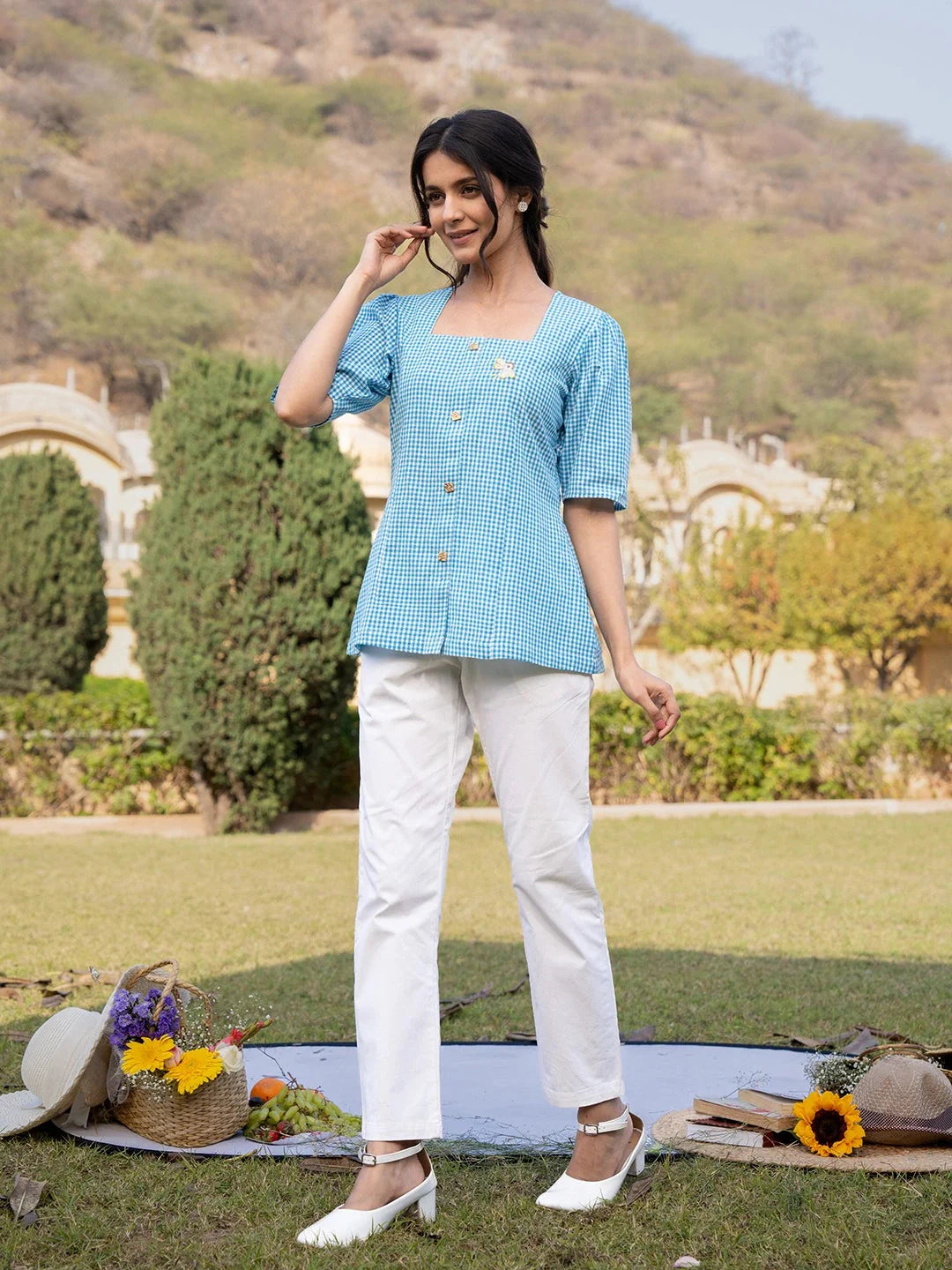 Sky Blue Cotton Checks Printed Top-Yufta Store-1500TOPSBS