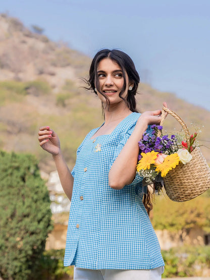 Sky Blue Cotton Checks Printed Top-Yufta Store-1500TOPSBS