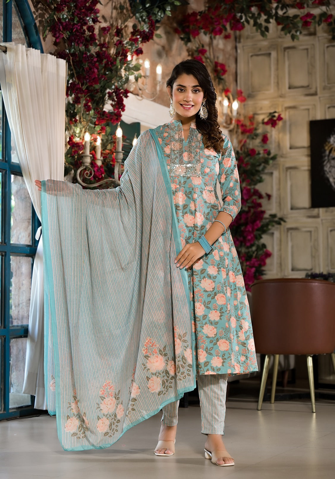 Sky Blue Floral Sequins_Work Kurta Trouser With Dupatta Set-Yufta Store-1761SKDSBS