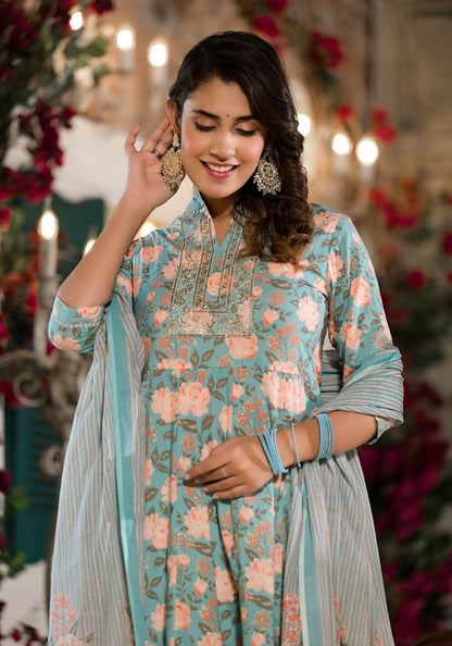 Sky Blue Floral Sequins_Work Kurta Trouser With Dupatta Set-Yufta Store-1761SKDSBS