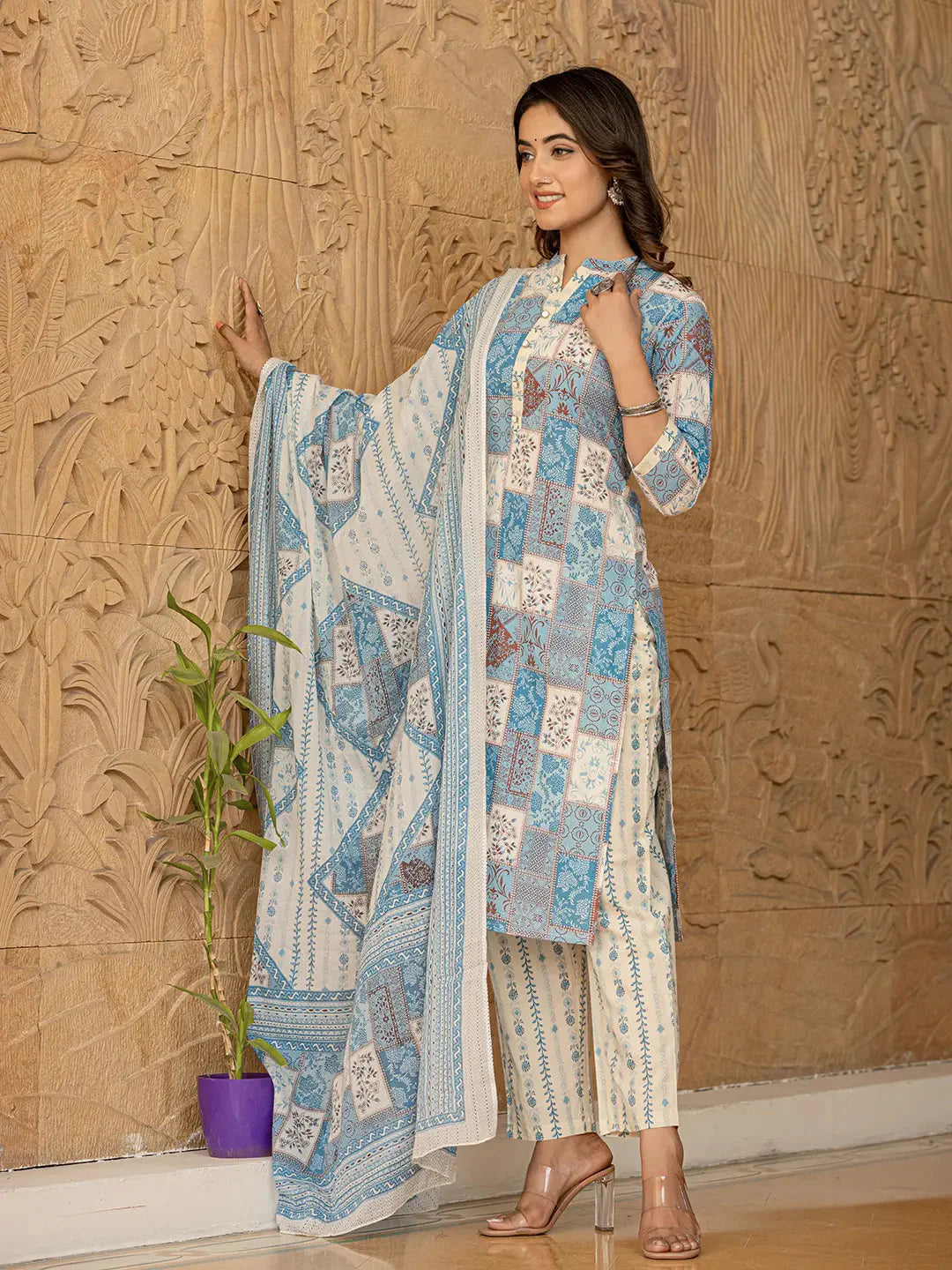 Sky Blue Geometric Print Straight Kurta Trouser And Dupatta Set-Yufta Store-6863SKDSBS