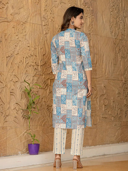 Sky Blue Geometric Print Straight Kurta Trouser And Dupatta Set-Yufta Store-6863SKDSBS