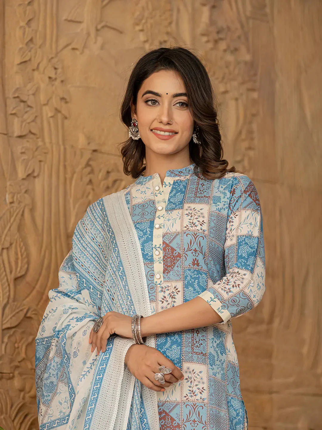 Sky Blue Geometric Print Straight Kurta Trouser And Dupatta Set-Yufta Store-6863SKDSBS