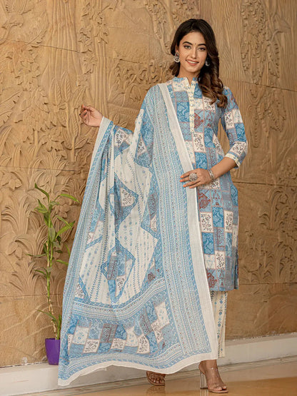 Sky Blue Geometric Print Straight Kurta Trouser And Dupatta Set-Yufta Store-6863SKDSBS