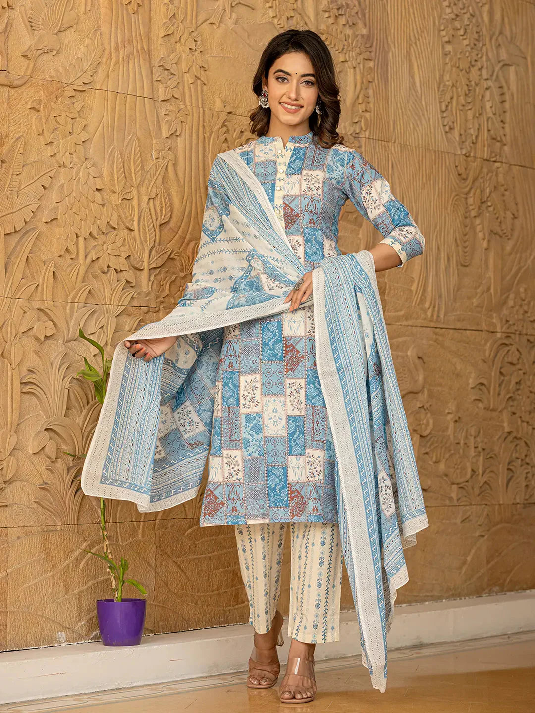 Sky Blue Geometric Print Straight Kurta Trouser And Dupatta Set-Yufta Store-6863SKDSBS